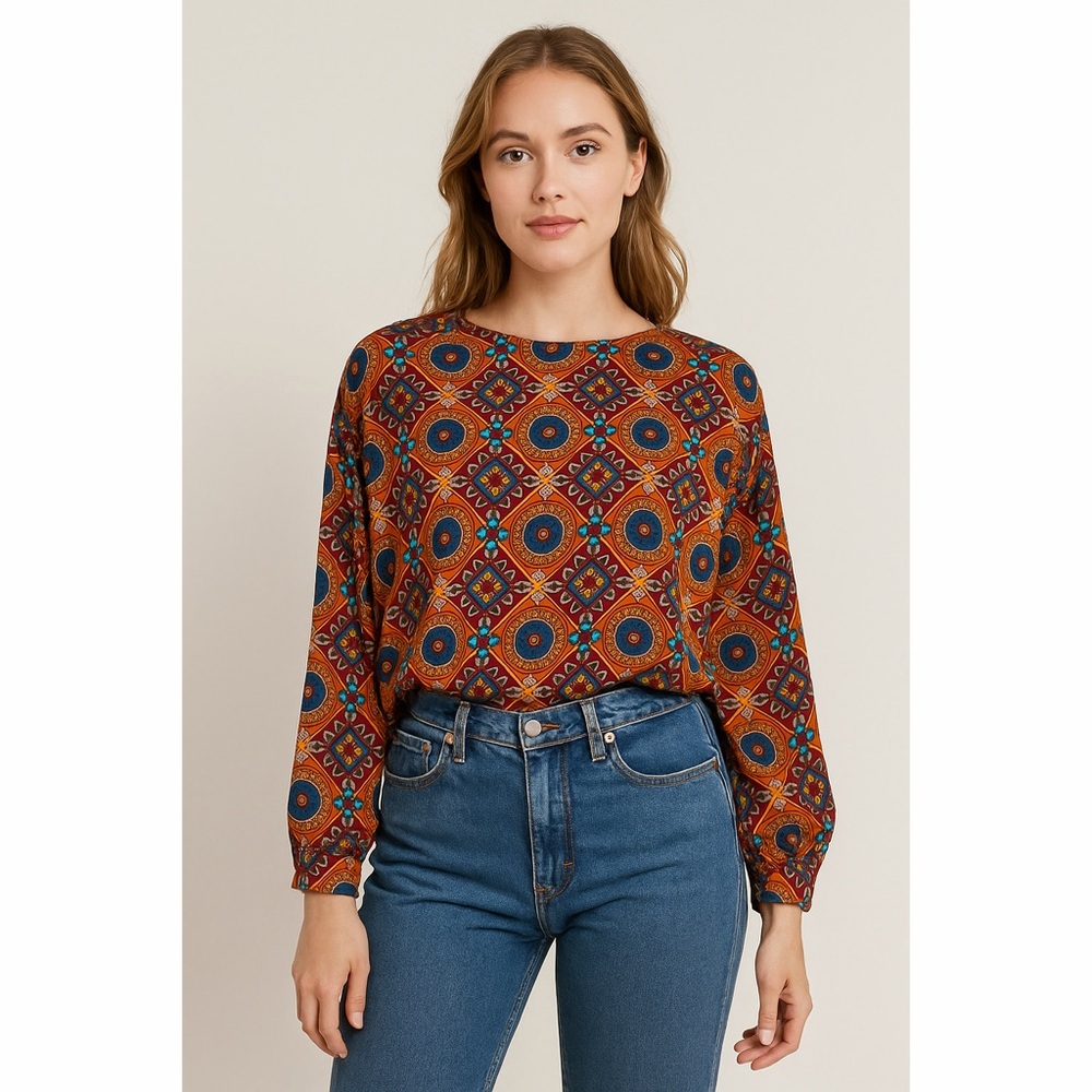 Sharpely | VTG Geo Print Cinched Waist Long Sleeve Round Neck Lightweight Blouse